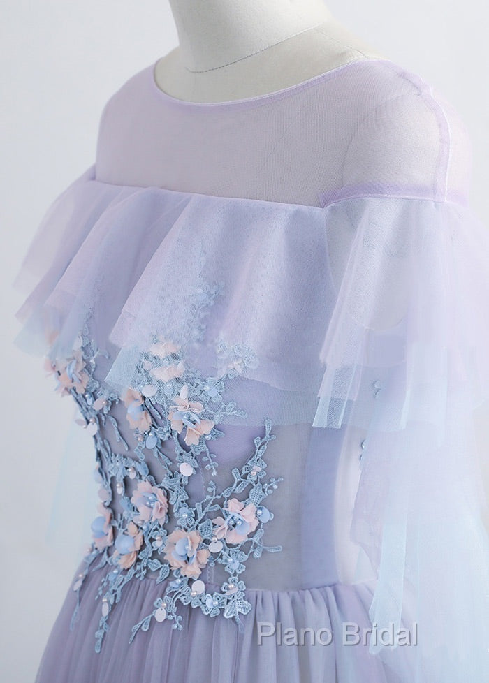 A-Line/Princess Tulle Jewel Floor-Length Formal Prom Dresses With Beaded Lace Appliques