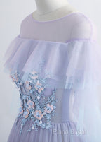 A-Line/Princess Tulle Jewel Floor-Length Formal Prom Dresses With Beaded Lace Appliques