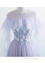 A-Line/Princess Tulle Jewel Floor-Length Formal Prom Dresses With Beaded Lace Appliques
