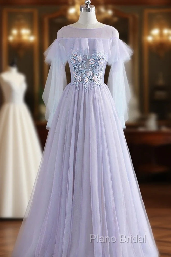 A-Line/Princess Tulle Jewel Floor-Length Formal Prom Dresses With Beaded Lace Appliques Main image