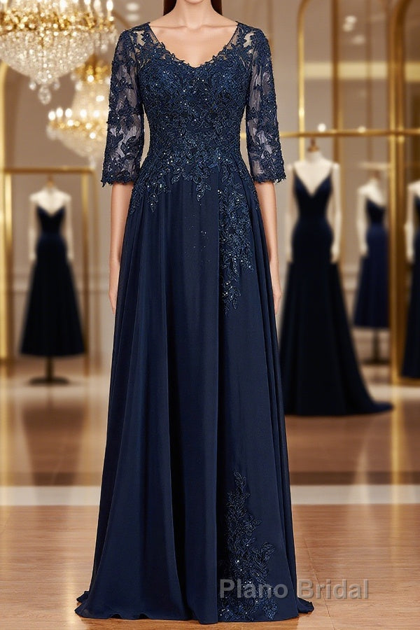 A-Line/Princess V-neck Chiffon Floor-Length Mother of the Bride Dresses With Appliques Lace Main image