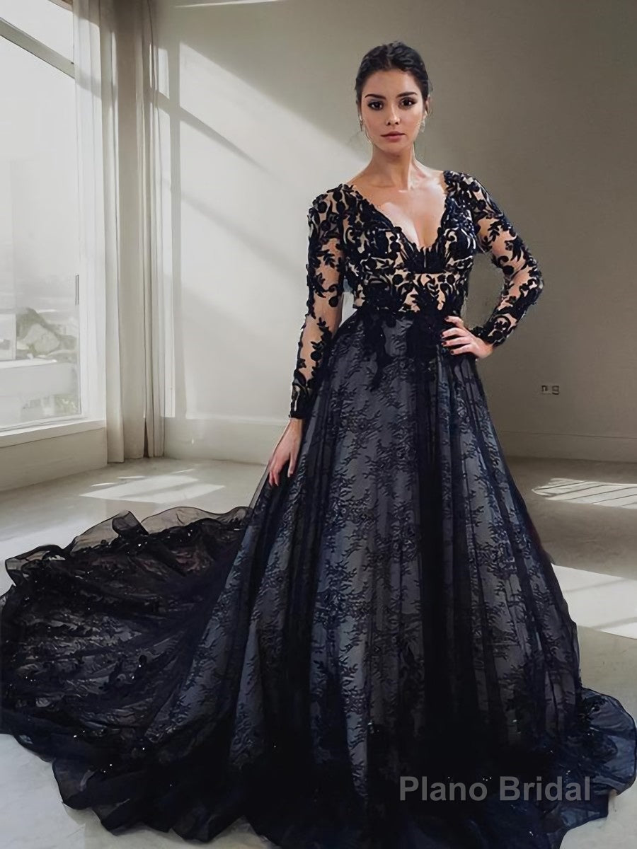 A-Line/Princess V-neck Court Train Lace Wedding Dresses With Appliques Lace Main image