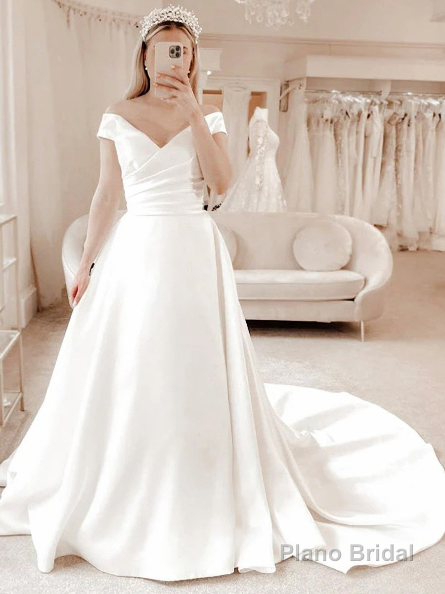 A-Line/Princess V-neck Court Train Satin Wedding Dresses With Pleated Main image