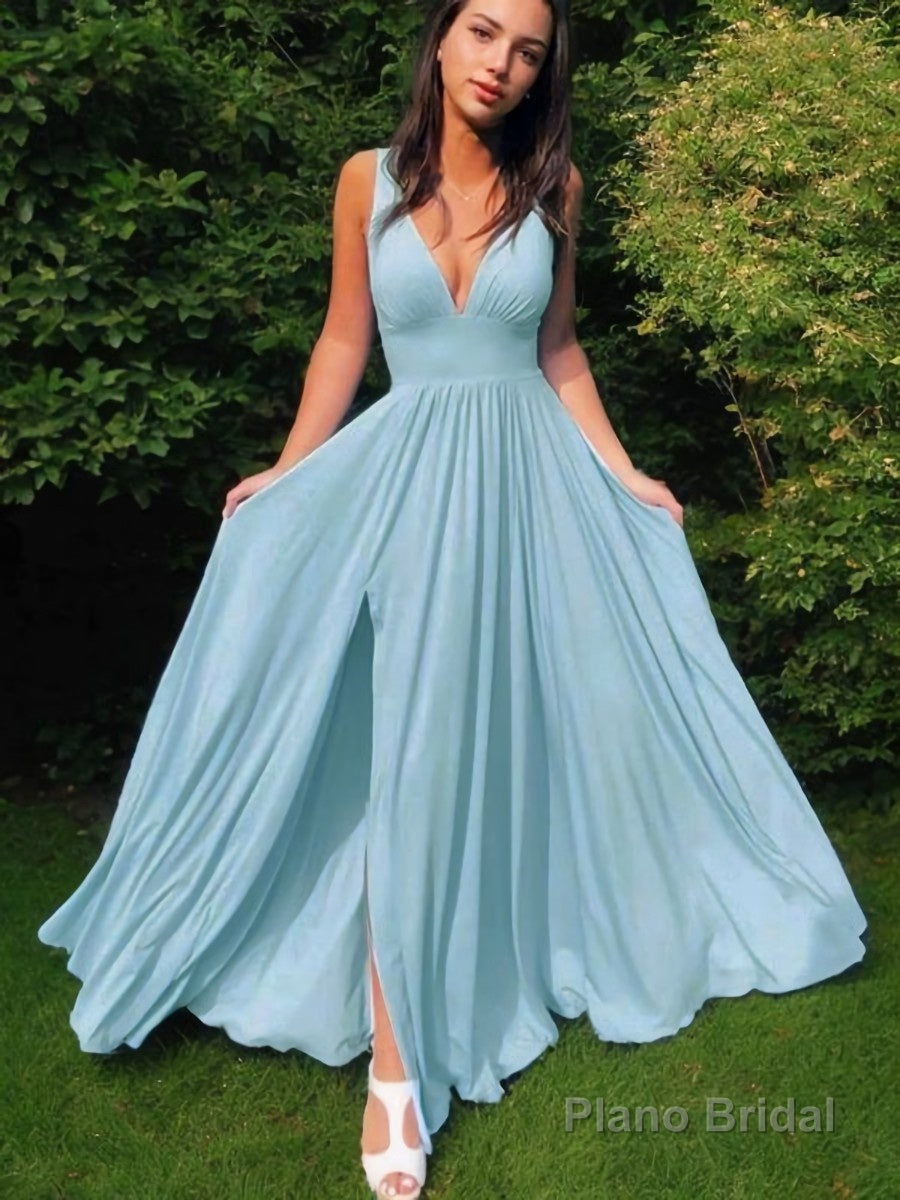 A-Line/Princess V-neck Floor-Length Jersey Prom Dresses With Leg Slit Main image