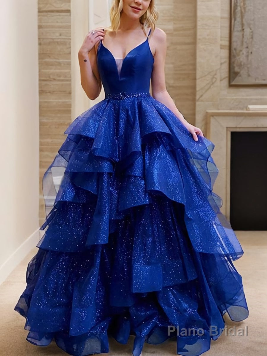 A-Line/Princess V-neck Floor-Length Prom Dresses With Beading