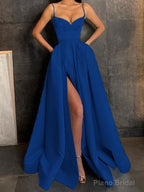 A-Line/Princess V-neck Floor-Length Satin Prom Dresses With Leg Slit