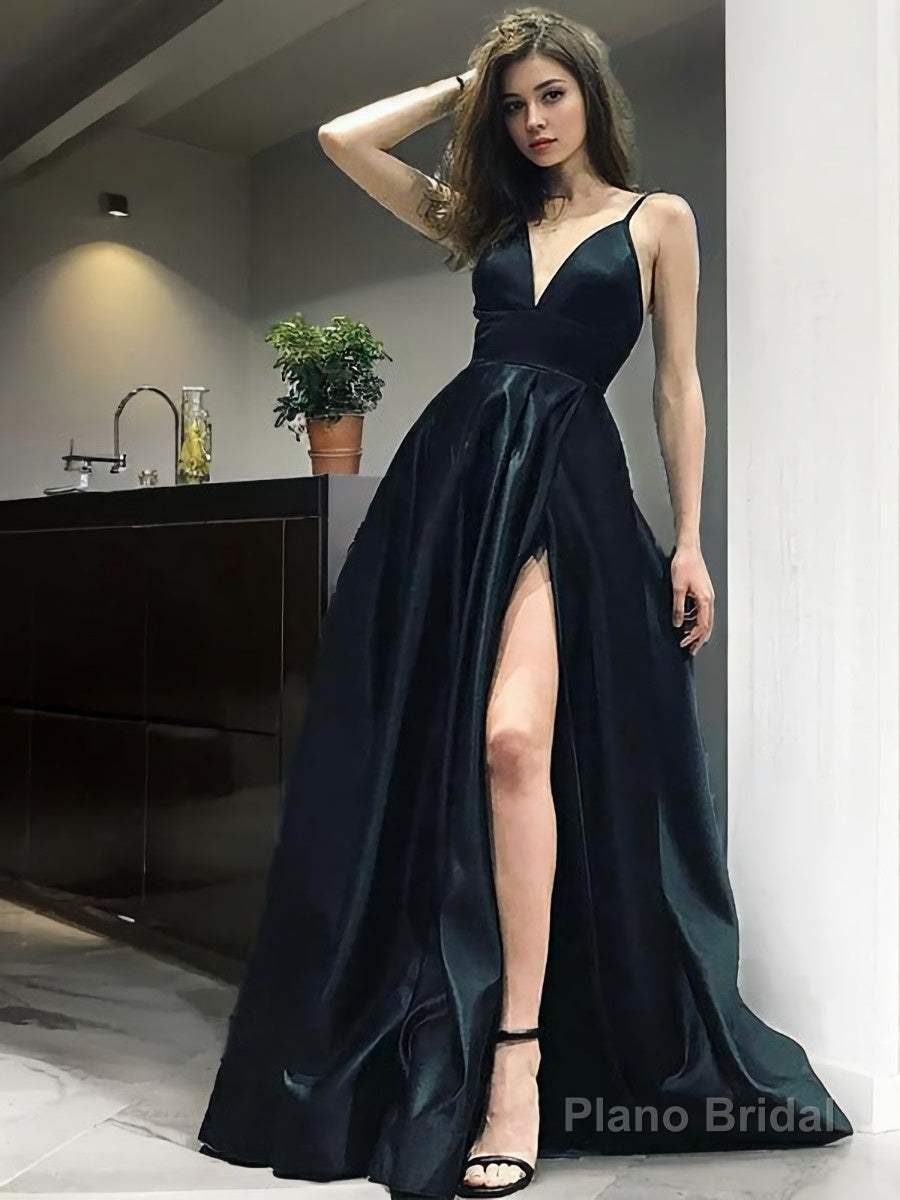 A-Line/Princess V-neck Floor-Length Satin Prom Dresses With Leg Slit Main image