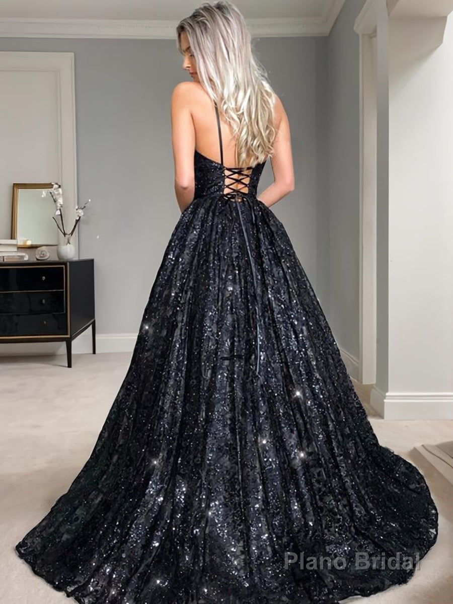 A-Line/Princess V-neck Floor-Length Sequins Prom Dresses Secondary image