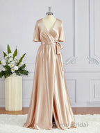 A-Line/Princess V-neck Floor-Length Silk like Satin Bridesmaid Dresses with Belt/Sash