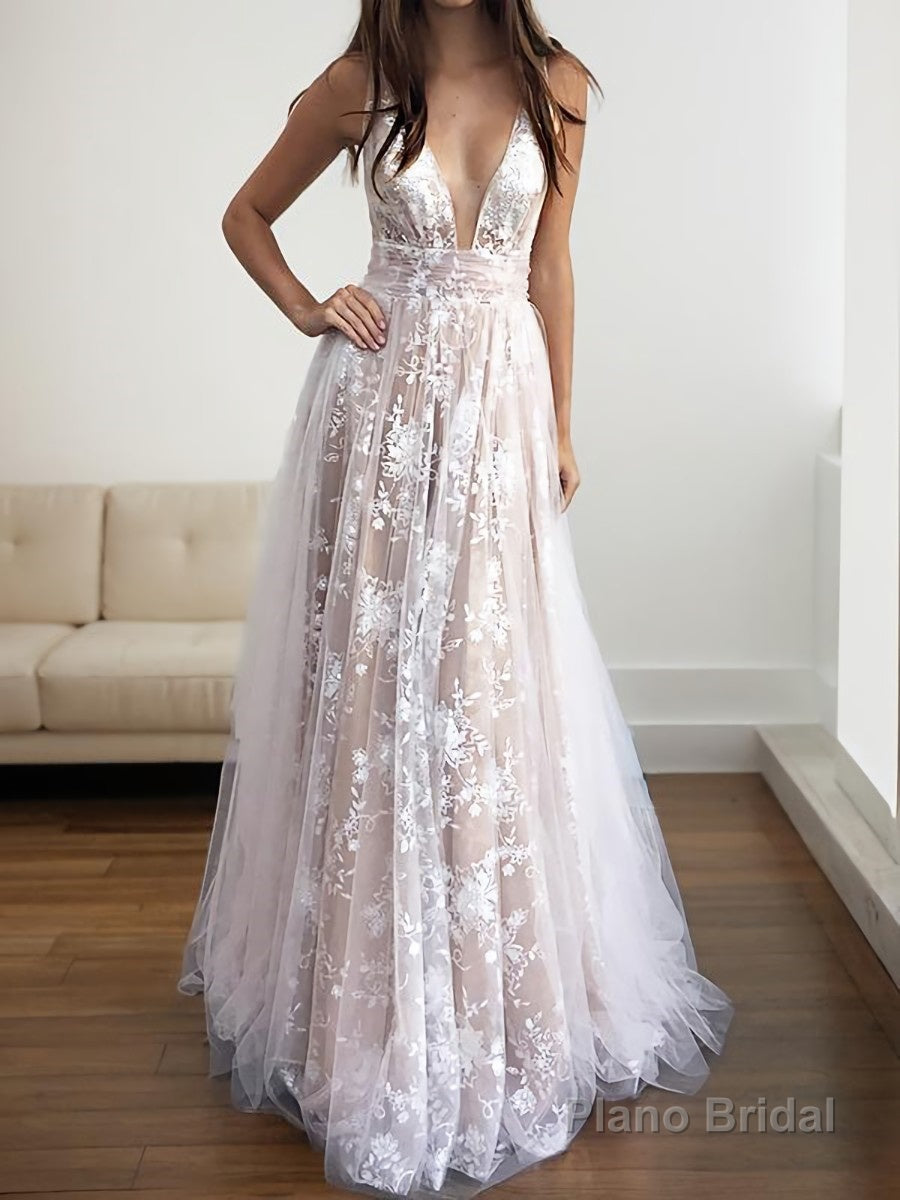 A-Line/Princess V-neck Floor-Length Tulle Evening Dresses With Appliques Lace Main image