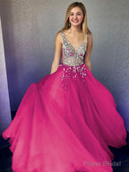 A-Line/Princess V-neck Floor-Length Tulle Evening Dresses With Beading