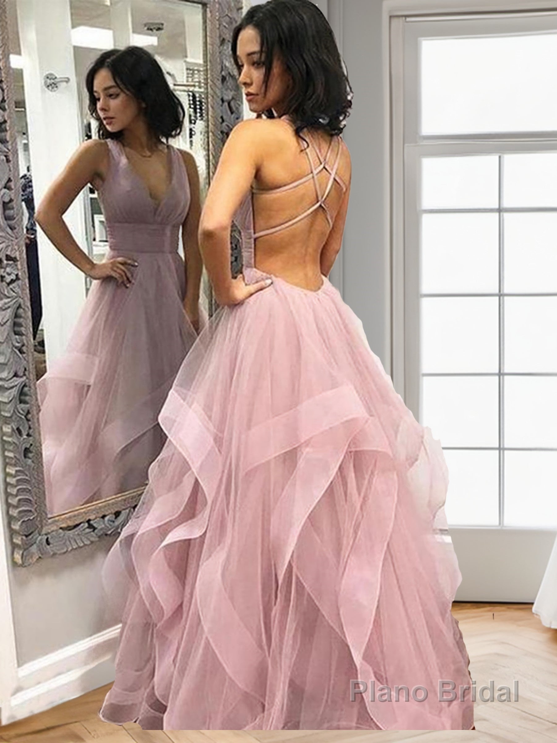 A-Line/Princess V-neck Floor-Length Tulle Evening Dresses With Ruffles Main image