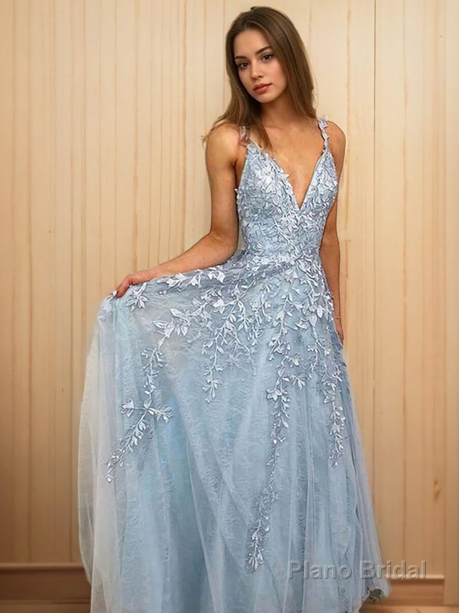 A-Line/Princess V-neck Floor-Length Tulle Prom Dresses Main image