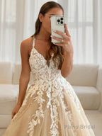 A-Line/Princess V-neck Floor-Length Tulle Prom Dresses With Appliques Lace