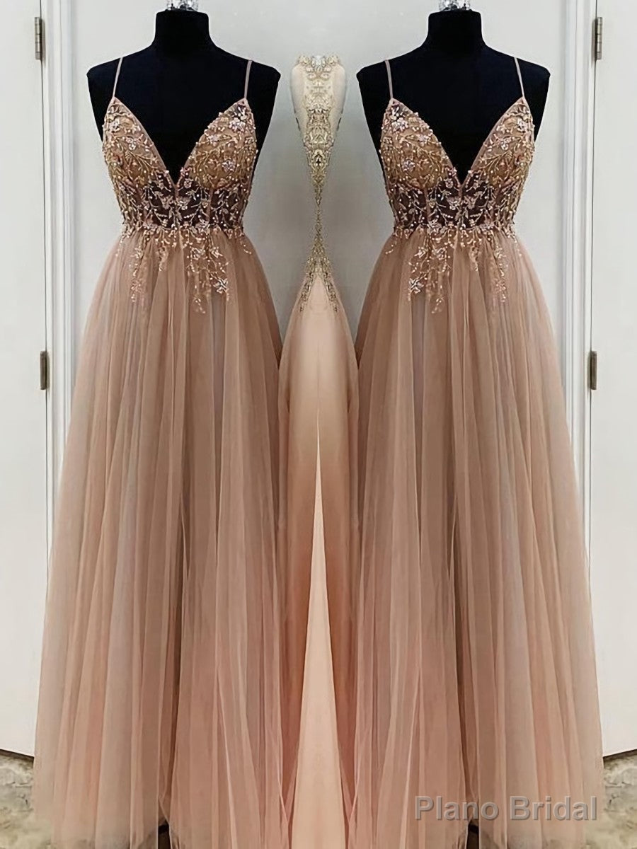 A-Line/Princess V-neck Floor-Length Tulle Prom Dresses With Beading Main image