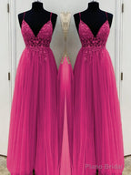 A-Line/Princess V-neck Floor-Length Tulle Prom Dresses With Beading