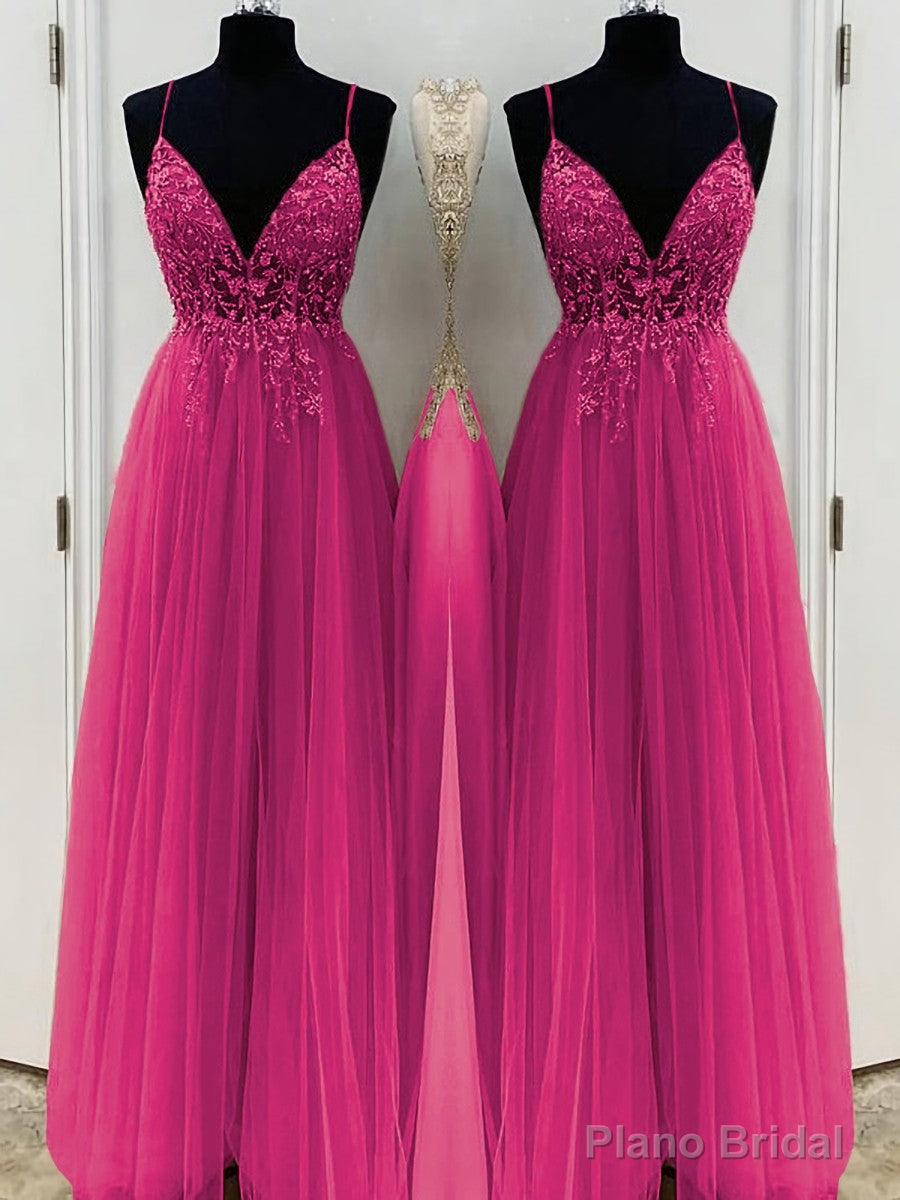 A-Line/Princess V-neck Floor-Length Tulle Prom Dresses With Beading