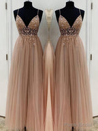 A-Line/Princess V-neck Floor-Length Tulle Prom Dresses With Beading