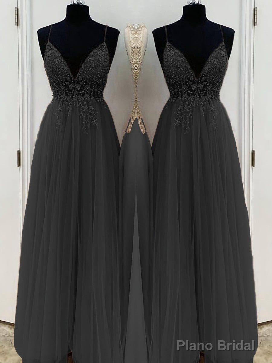 A-Line/Princess V-neck Floor-Length Tulle Prom Dresses With Beading Secondary image