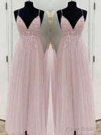 A-Line/Princess V-neck Floor-Length Tulle Prom Dresses With Beading