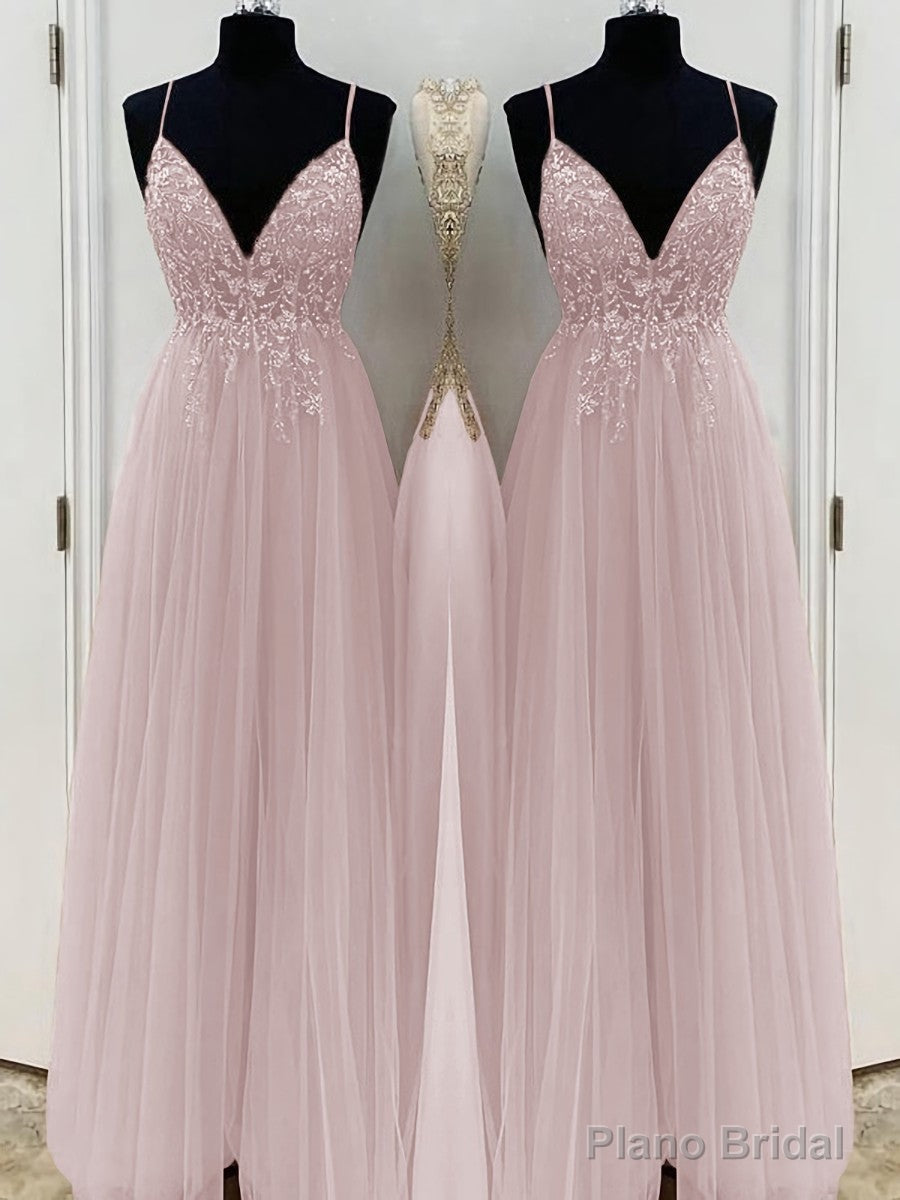 A-Line/Princess V-neck Floor-Length Tulle Prom Dresses With Beading