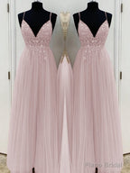 A-Line/Princess V-neck Floor-Length Tulle Prom Dresses With Beading