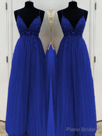 A-Line/Princess V-neck Floor-Length Tulle Prom Dresses With Beading