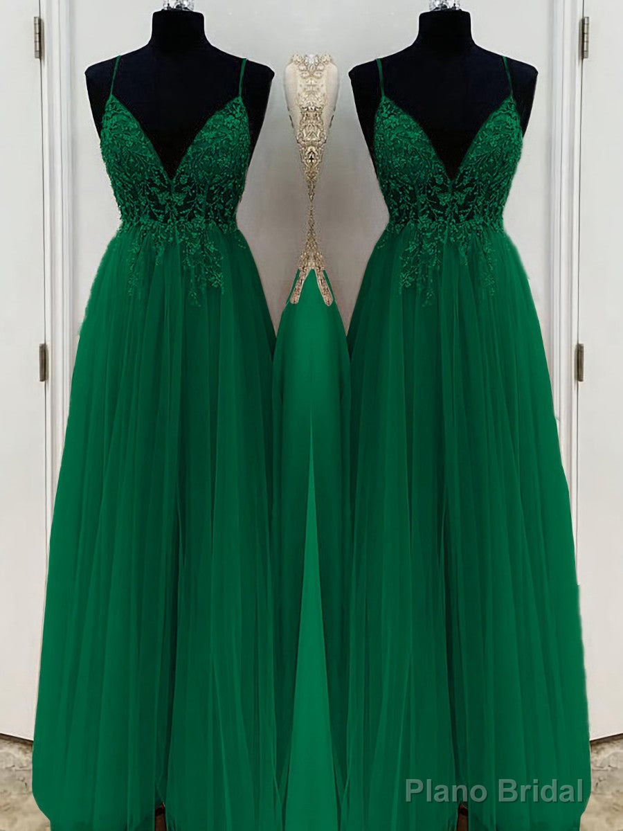 A-Line/Princess V-neck Floor-Length Tulle Prom Dresses With Beading