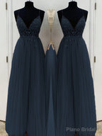 A-Line/Princess V-neck Floor-Length Tulle Prom Dresses With Beading