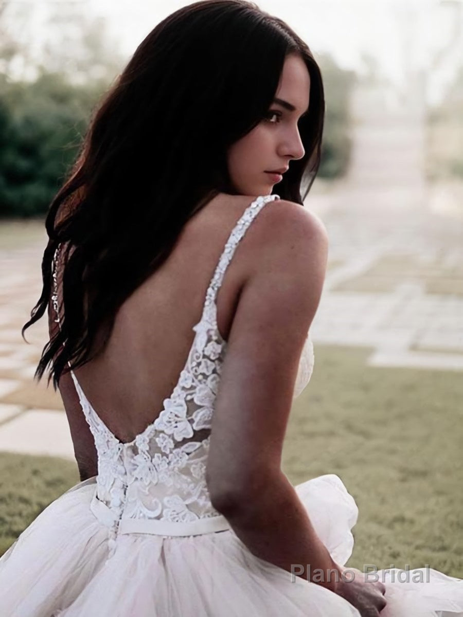 A-Line/Princess V-neck Floor-Length Tulle Wedding Dresses With Appliques Lace Secondary image