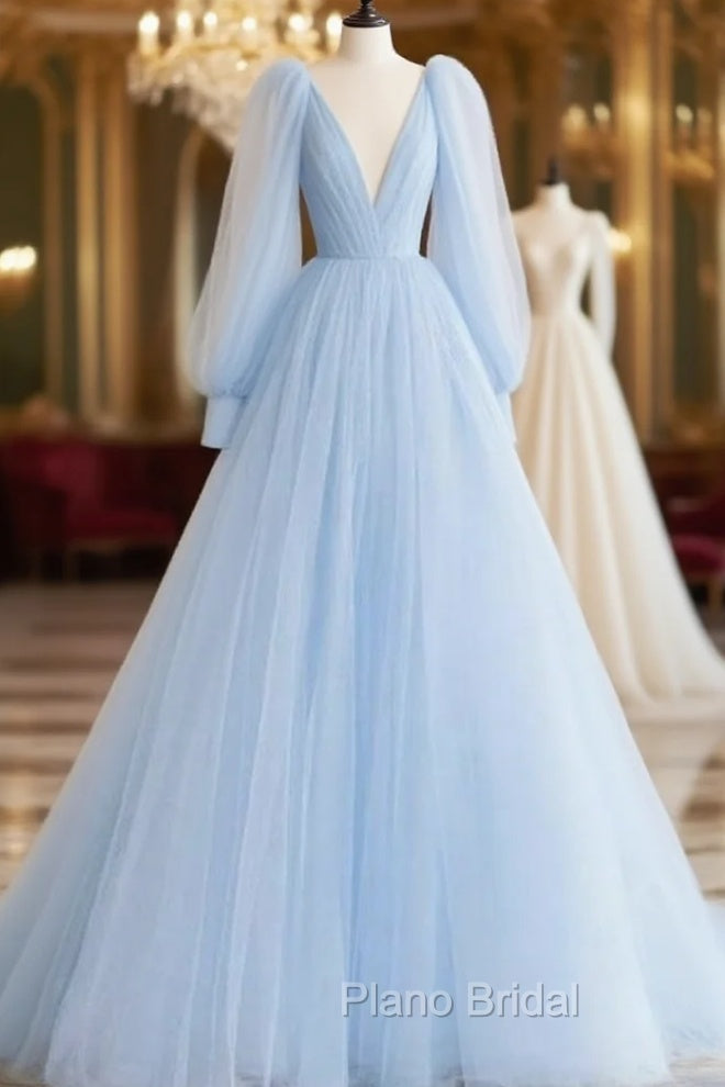 A-line Princess V Neck Full/Long Sleeve Court Train Tulle Formal Prom Dresses- Formal Prom Dresses Main image