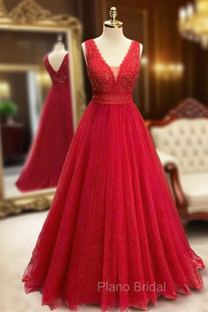 A-line Princess V Neck Long/Floor-Length Sparkly Tulle Formal Prom Dresses With Appliqued Beading Glitter Main image
