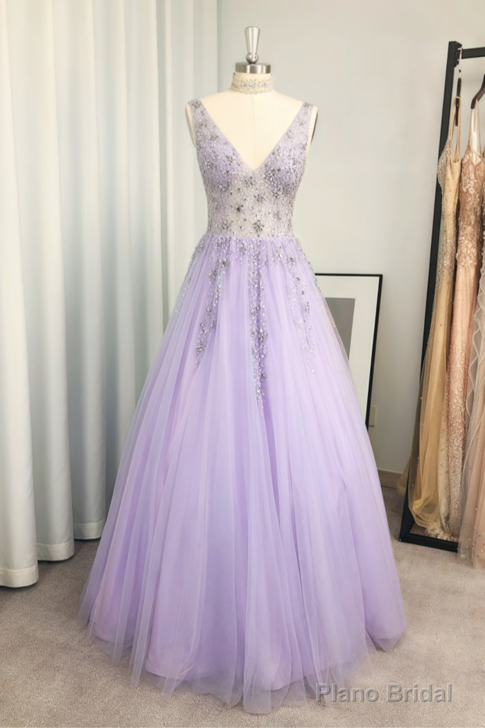 A-line/Princess V Neck Long/Floor-Length Tulle Prom Dresses With Beading Sequins