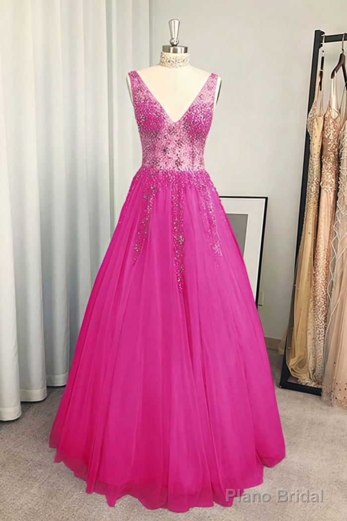 A-line/Princess V Neck Long/Floor-Length Tulle Prom Dresses With Beading Sequins