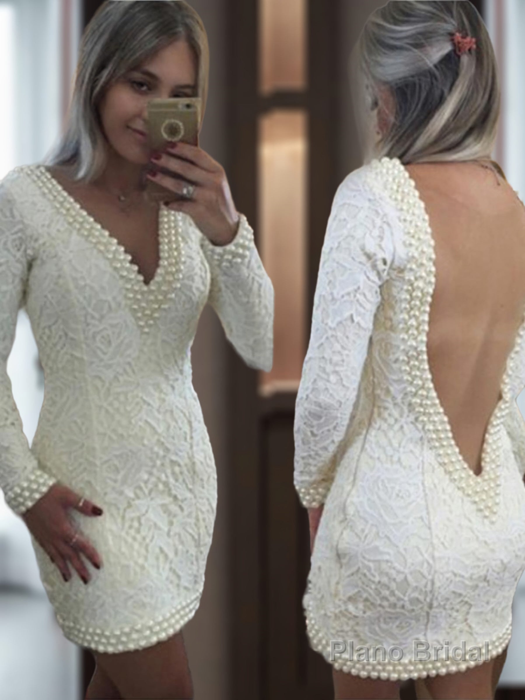 A-Line/Princess V-neck Short/Mini Lace Homecoming Dresses With Pearls Main image