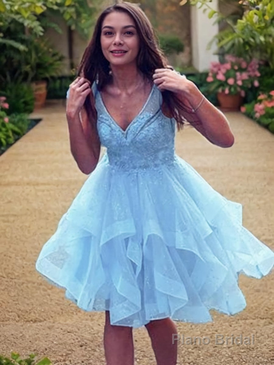 A-Line/Princess V-neck Short/Mini Tulle Homecoming Dresses With Cascading Ruffles Main image