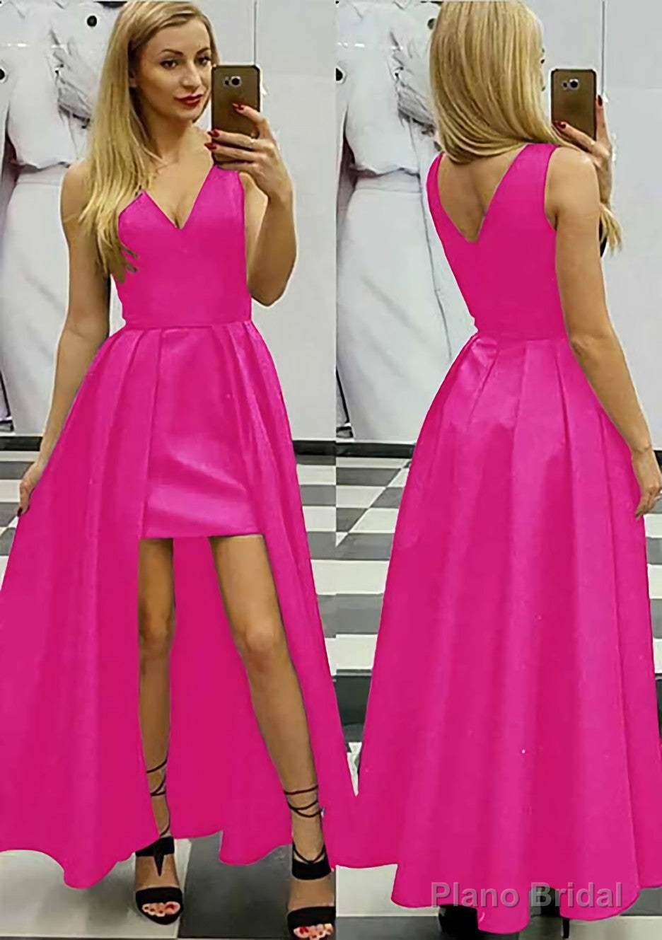 A-line/Princess V Neck Sleeveless Asymmetrical Satin Prom Dresses With Pleated
