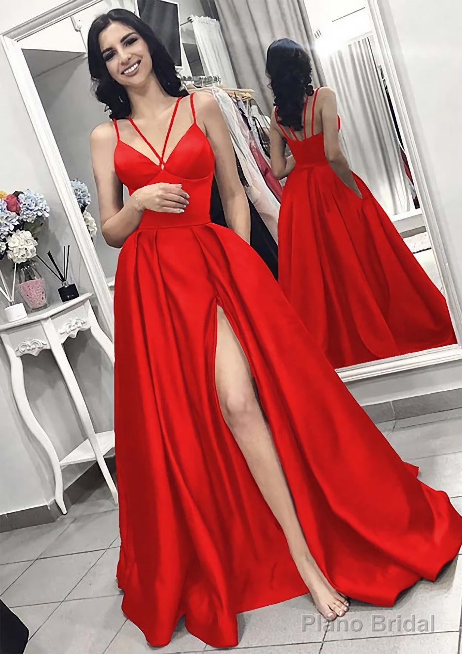 A-line/Princess V Neck Sleeveless Long/Floor-Length Elastic Satin Evening Dresses With Split Pleated