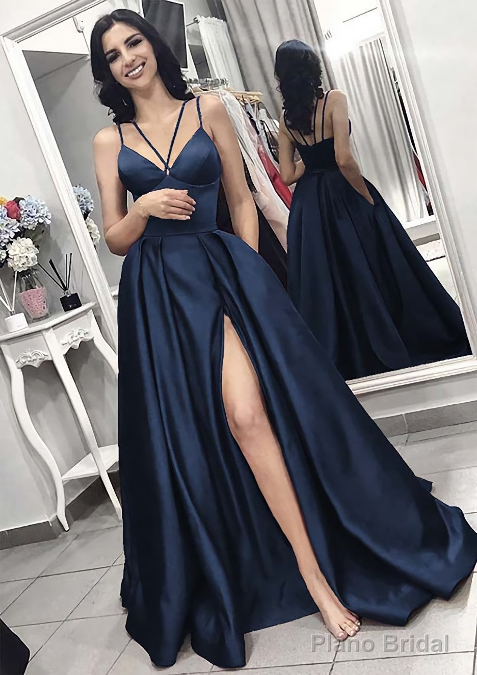 A-line/Princess V Neck Sleeveless Long/Floor-Length Elastic Satin Evening Dresses With Split Pleated Secondary image