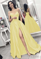 A-line/Princess V Neck Sleeveless Long/Floor-Length Elastic Satin Evening Dresses With Split Pleated