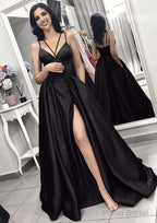 A-line/Princess V Neck Sleeveless Long/Floor-Length Elastic Satin Evening Dresses With Split Pleated