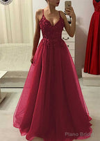 A-line/Princess V Neck Sleeveless Long/Floor-Length Prom Dresses With Appliqued Beading