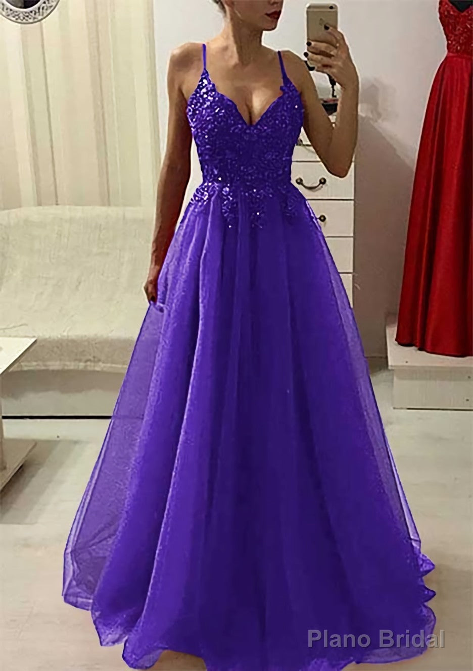 A-line/Princess V Neck Sleeveless Long/Floor-Length Prom Dresses With Appliqued Beading Main image