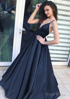 A-line/Princess V Neck Sleeveless Long/Floor-Length Satin Prom Dresses