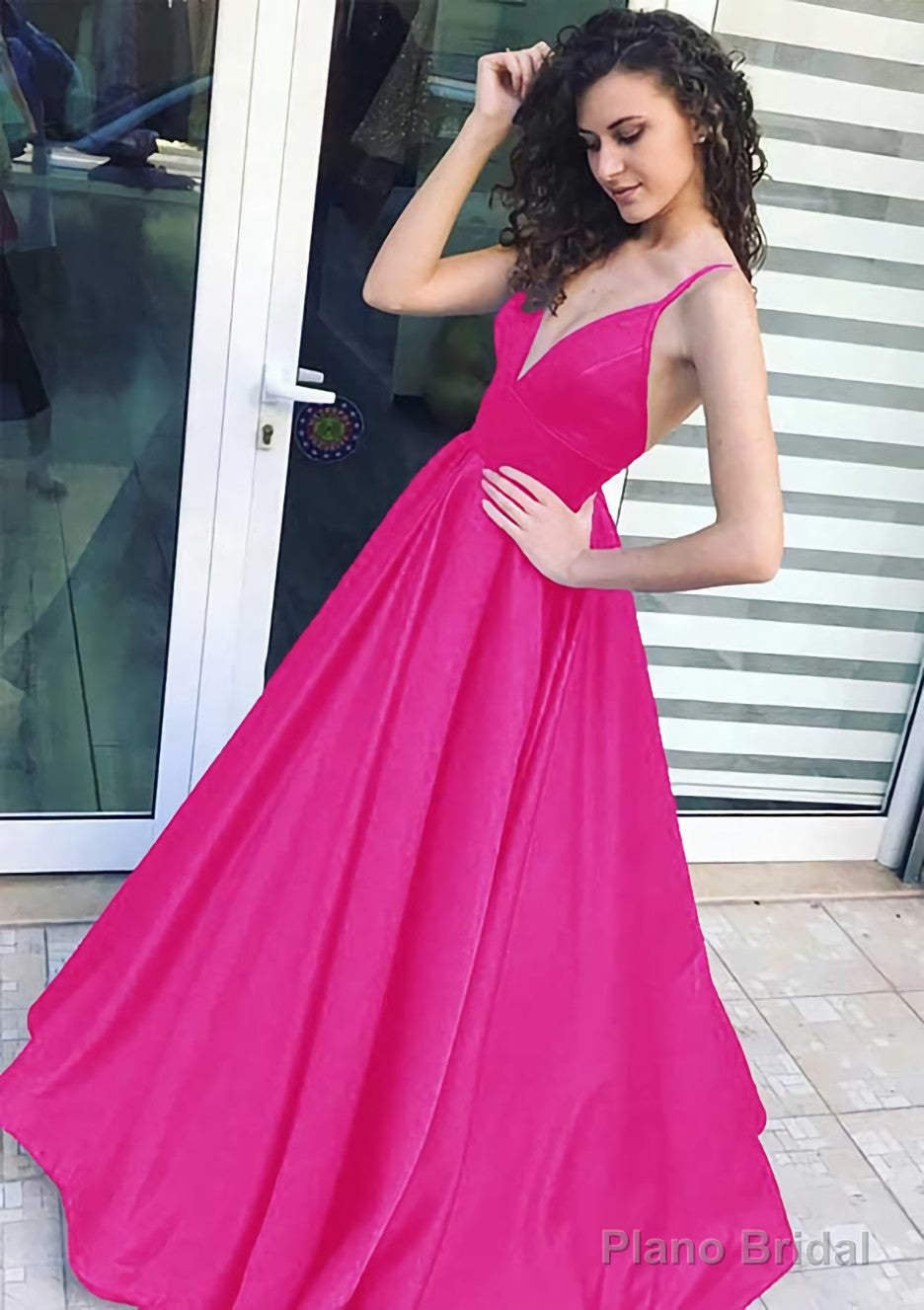 A-line/Princess V Neck Sleeveless Long/Floor-Length Satin Prom Dresses