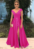 A-line/Princess V Neck Sleeveless Long/Floor-Length Satin Prom Dresses With Split Beading