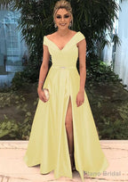 A-line/Princess V Neck Sleeveless Long/Floor-Length Satin Prom Dresses With Split Beading
