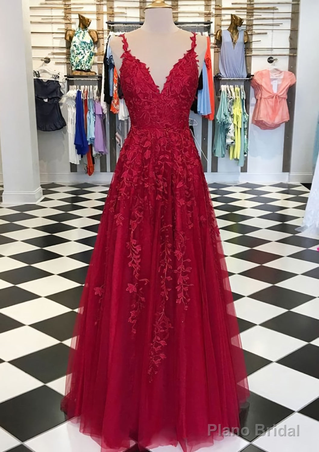 A-line/Princess V Neck Sleeveless Long/Floor-Length Tulle Prom Dresses With Appliqued Main image
