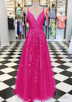 A-line/Princess V Neck Sleeveless Long/Floor-Length Tulle Prom Dresses With Appliqued