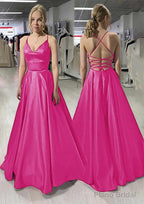 A-line/Princess V Neck Sleeveless Satin Long/Floor-Length Prom Dresses